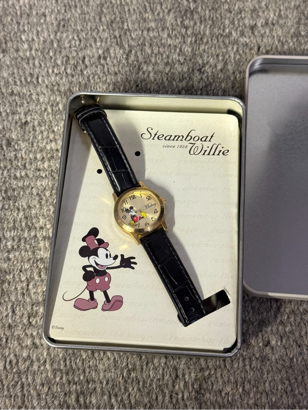 Disney Steamboat Willie Gold Case Black Strap Wristwatch
